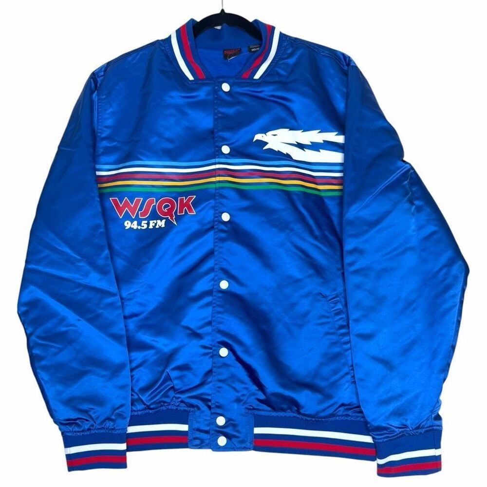 NEW Stranger Things WSQK 94.5 FM Satin Bomber Jacket Blue Retro Snap Front Mediu
